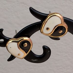 White and Black Enamel Heart Yin Yang Post Earrings